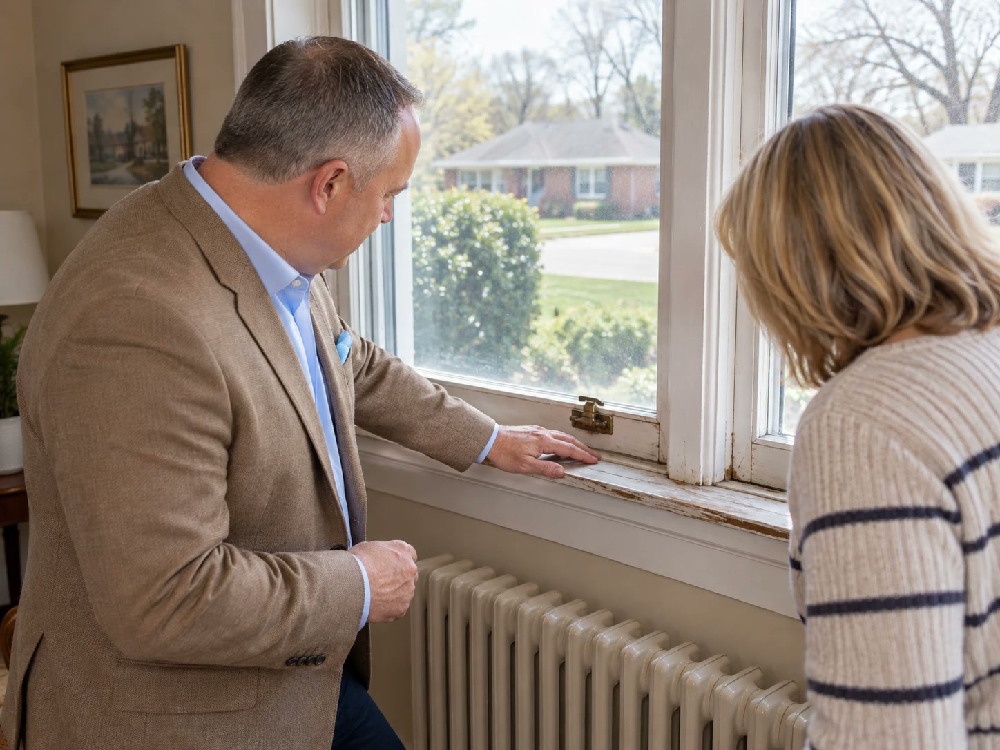Dan Hinschberger checking a window sill for wear with a buyer