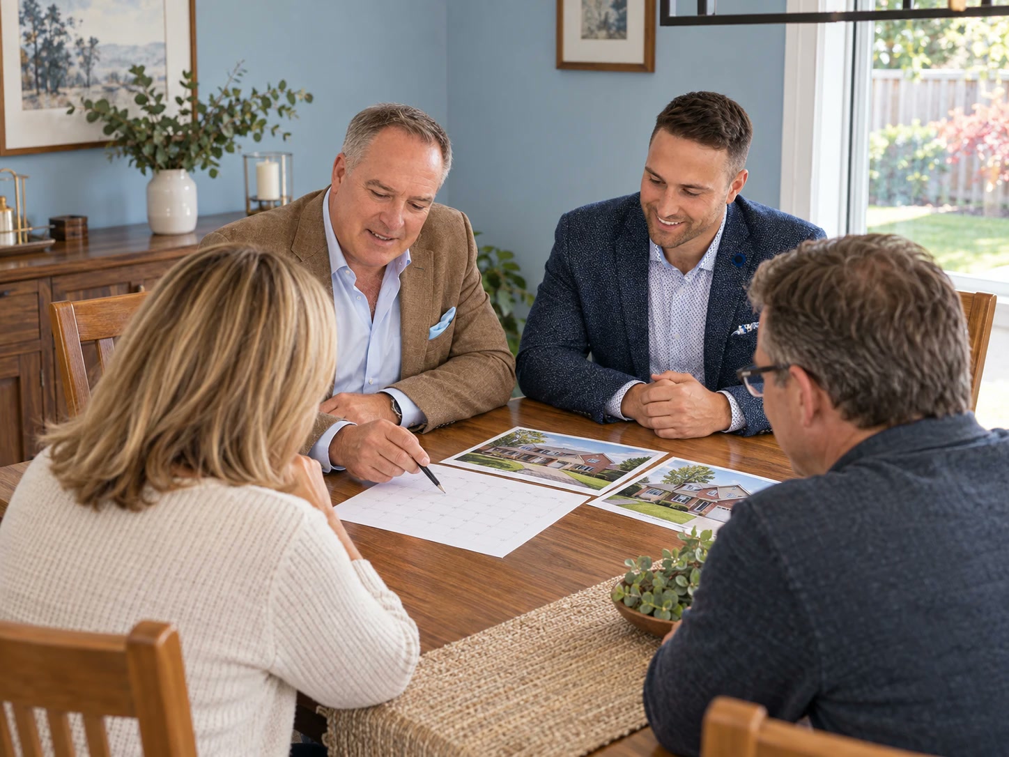 Mackenzie and Dan Hinschberger planning a sale and purchase with a couple at their dining table